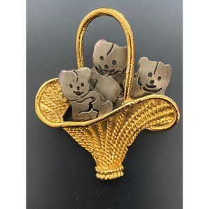 Ultra Craft Teddy Bear Brooch Pin Bears in a Basket Two Tone Gold Pewter Vintage